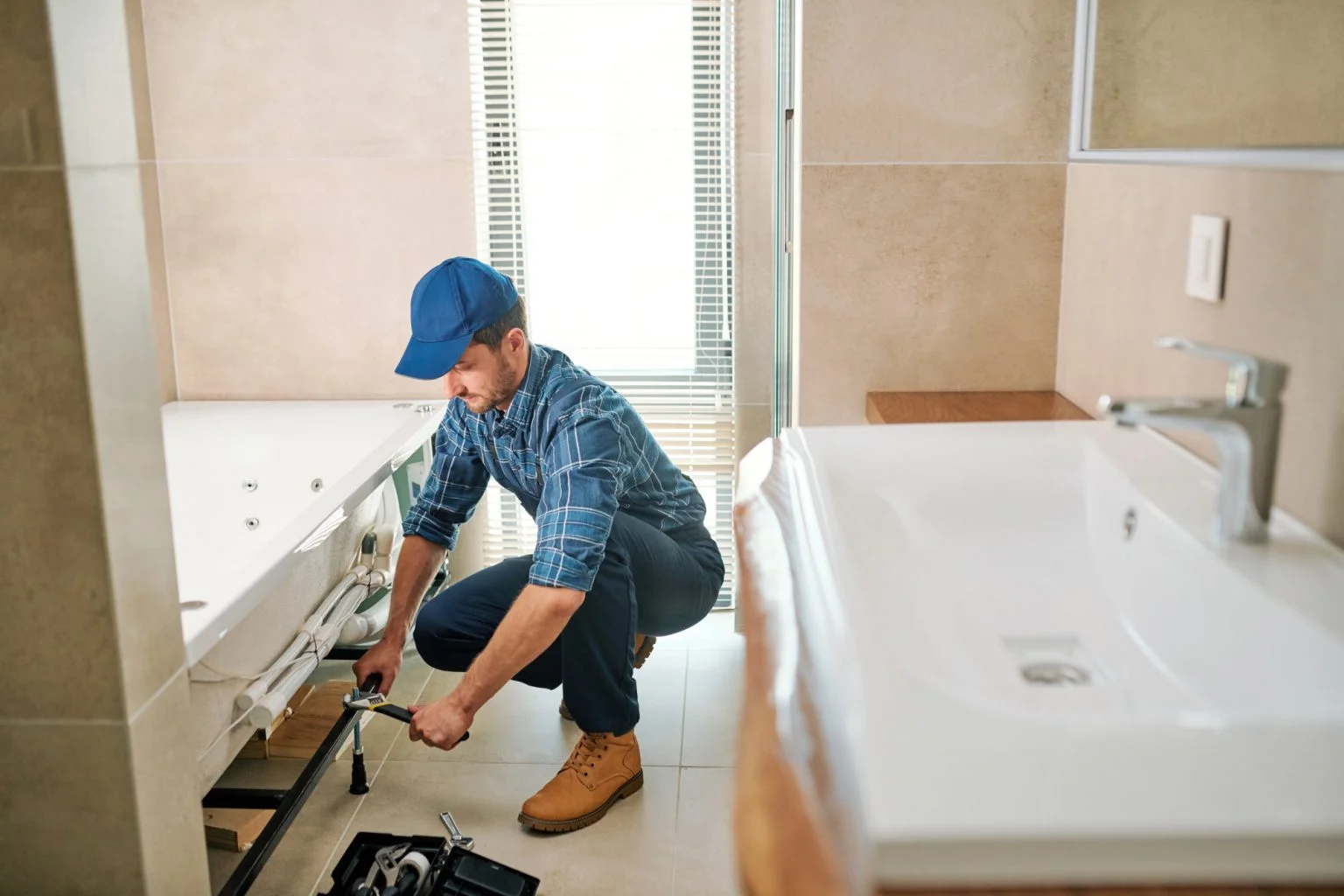 an image about A plumber, wearing a blue cap and plaid shirt, repairs bathroom plumbing under a sink at an apartment location, with tools organized nearby.