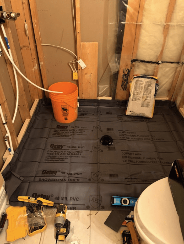 A bathroom renovations with a new floor, done right. waterproofing membrane