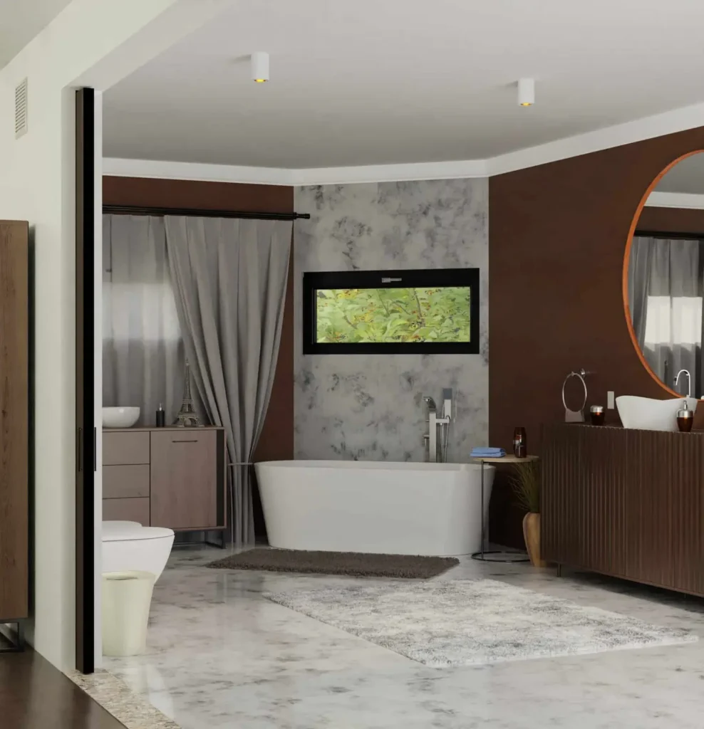 A modern bathroom with brown walls and a bathtub, perfect for a sleek reno in Toronto.