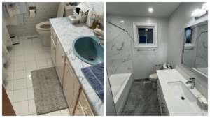 an image about an image about a bathroom before and after renovation.