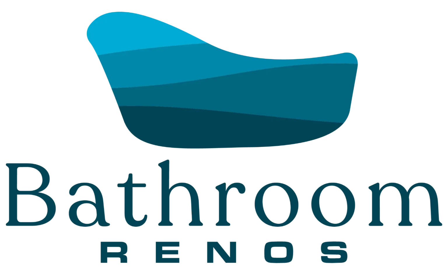 an image about Logo of "bathroom renos" featuring a stylized blue bath shape with the company name below, including a showerhead silhouette.