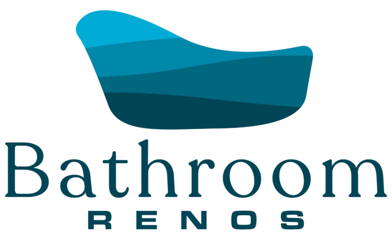 an image about Logo of "bathroom renos" featuring a stylized blue bath shape with the company name below, including a showerhead silhouette.