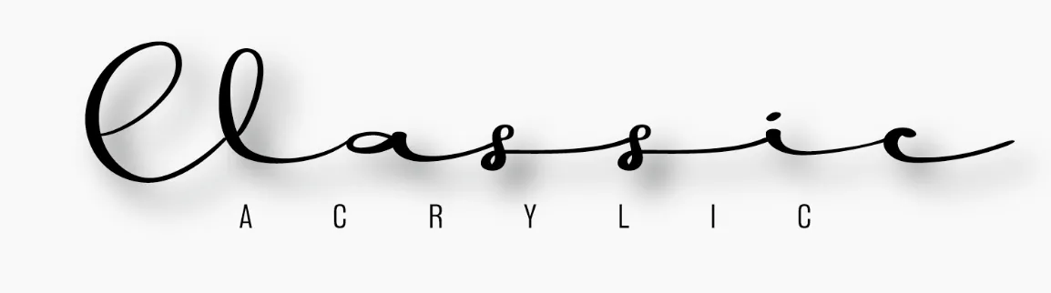 an image about Elegant cursive typography spelling "classic" with the word "ACRYLIC WALL PANELS AND SURROUNDS" in capital letters below.