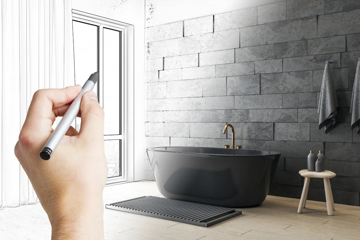 Sketch of a modern bathroom design transitioning into a finished renovation by Bathroom Renos in Etobicoke