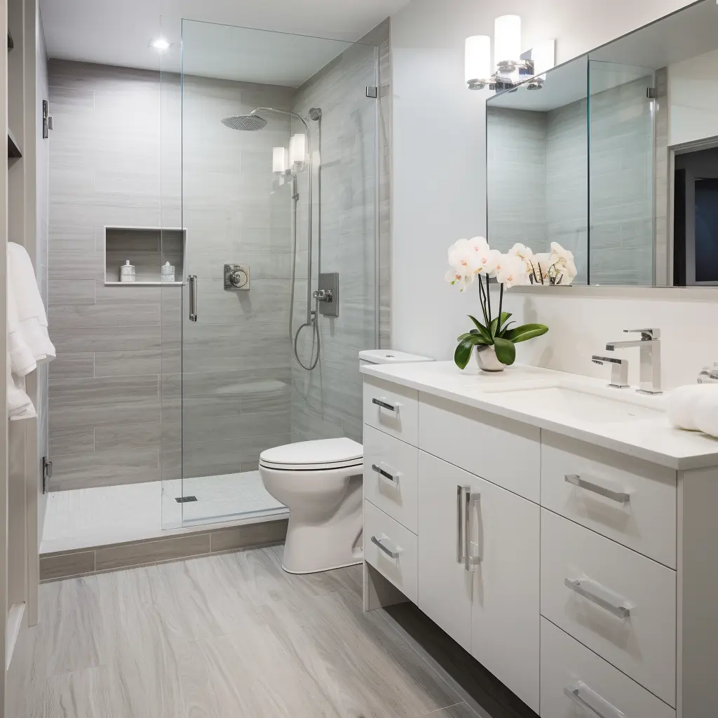 an image about an image about a white bathroom with a glass shower stall