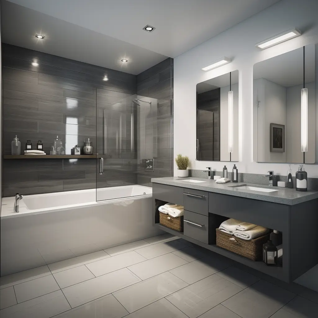 A modern bathroom renovation featuring a bathtub and vanity.