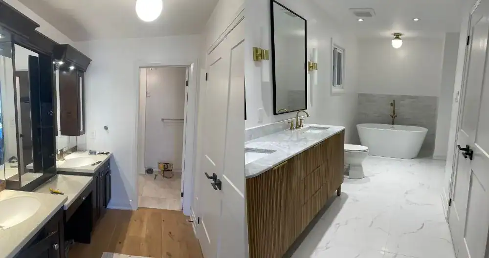 Bathroom renovation Toronto, modern design, double sinks, bathtub, elegant fixtures.