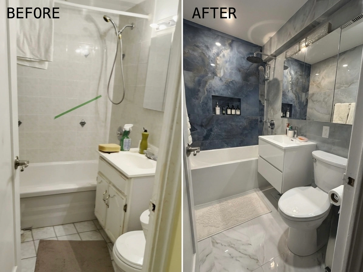 Bathroom renovation before and after on Coehill Drive, Etobicoke