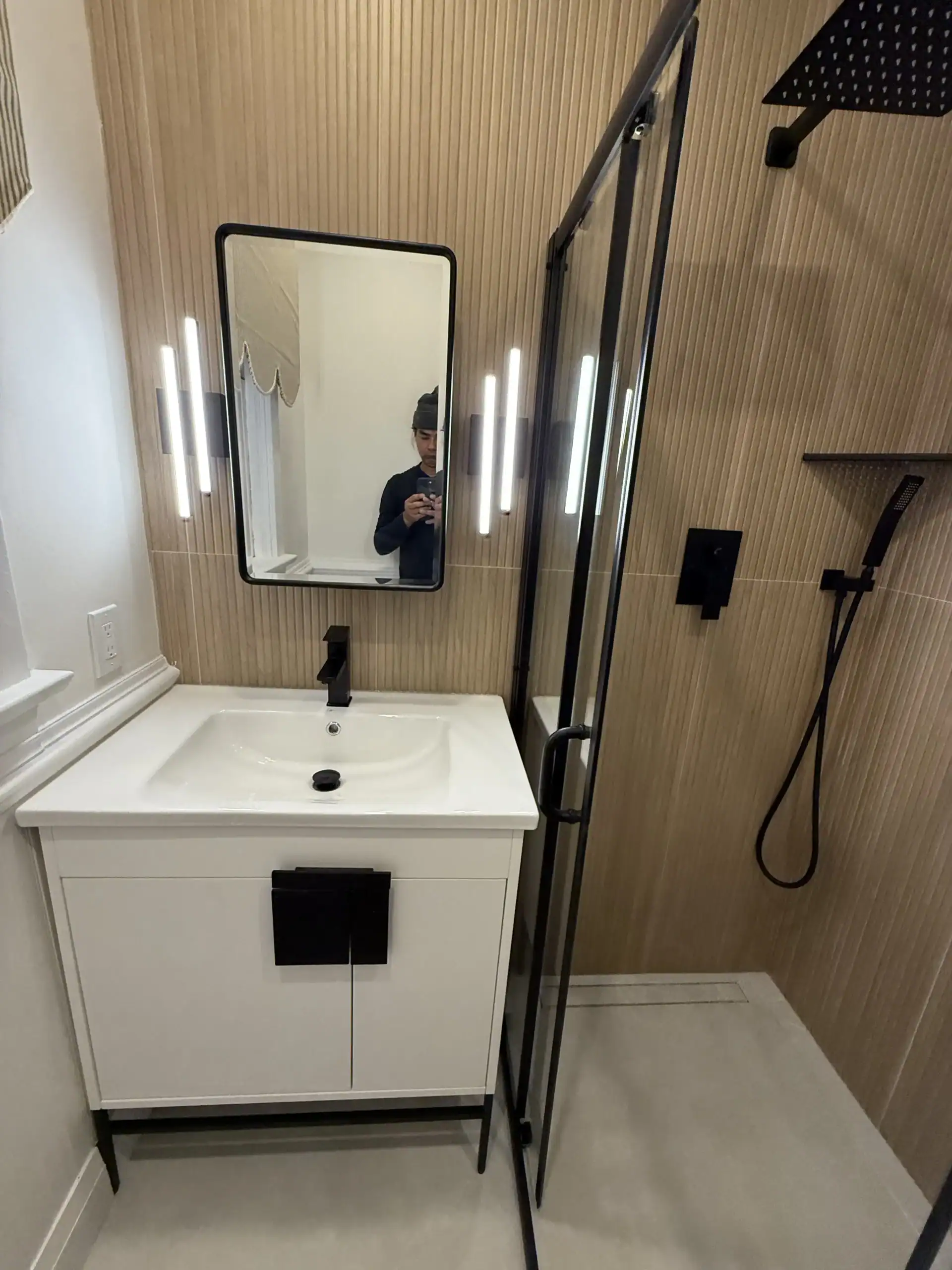 Curbless walk-in shower with bench seating for accessible bathroom Mississauga