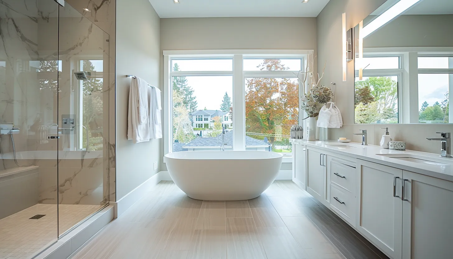 an image about Modern bathroom with a freestanding bathtub, in Mississauga, ON