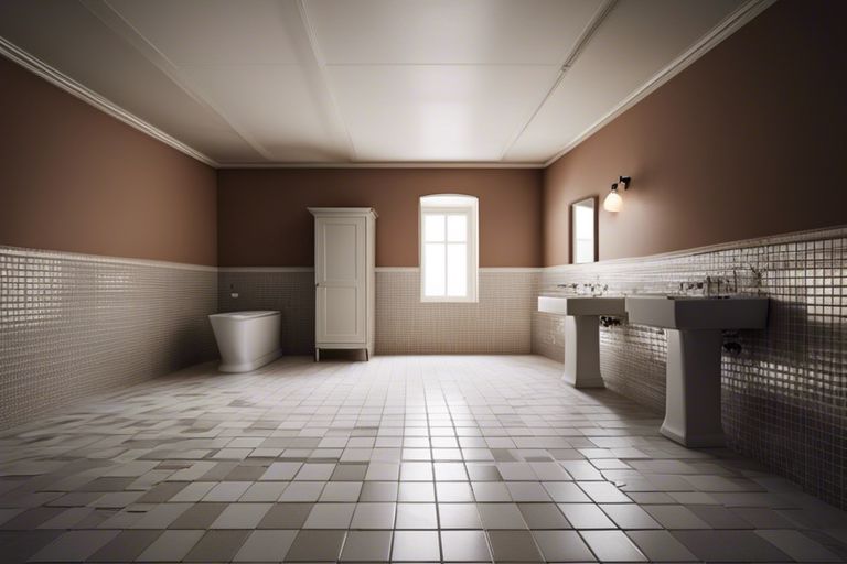 an image about A bathroom with tiled floors and brown walls.