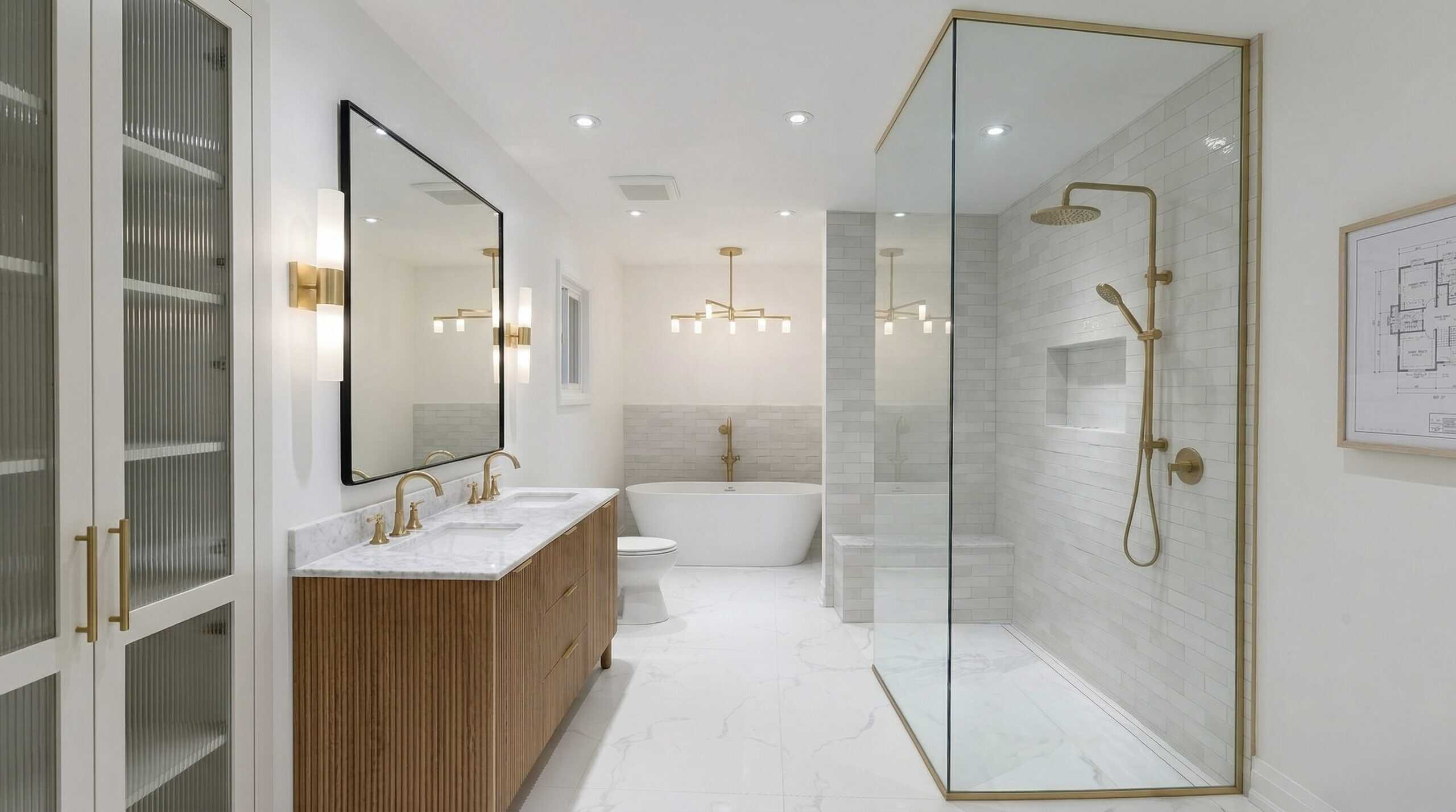 Luxury bathroom renovation with gold fixtures